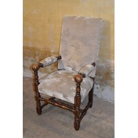 thumb-Antieke eiken kasteelstoel met hoge rug en velours bekleding-2