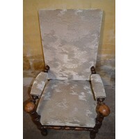 thumb-Antieke eiken kasteelstoel met hoge rug en velours bekleding-3