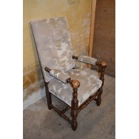 thumb-Antieke eiken kasteelstoel met hoge rug en velours bekleding-4