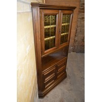 thumb-Donker eiken hoekkast met glas en deurtjes-2