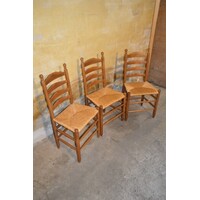 thumb-Set van 3 Oud Hollandse eiken knopstoelen met biezen zitting-1