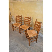 thumb-Set van 3 Oud Hollandse eiken knopstoelen met biezen zitting-3