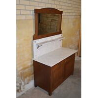 thumb-Antieke wastafel kast met marmeren blad en facet spiegel-1