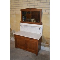 thumb-Antieke wastafel kast met marmeren blad en facet spiegel-3