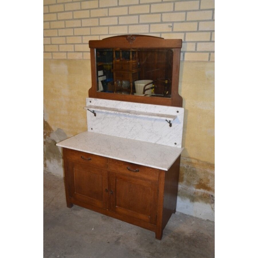 Antieke wastafel kast met marmeren blad en facet spiegel-3