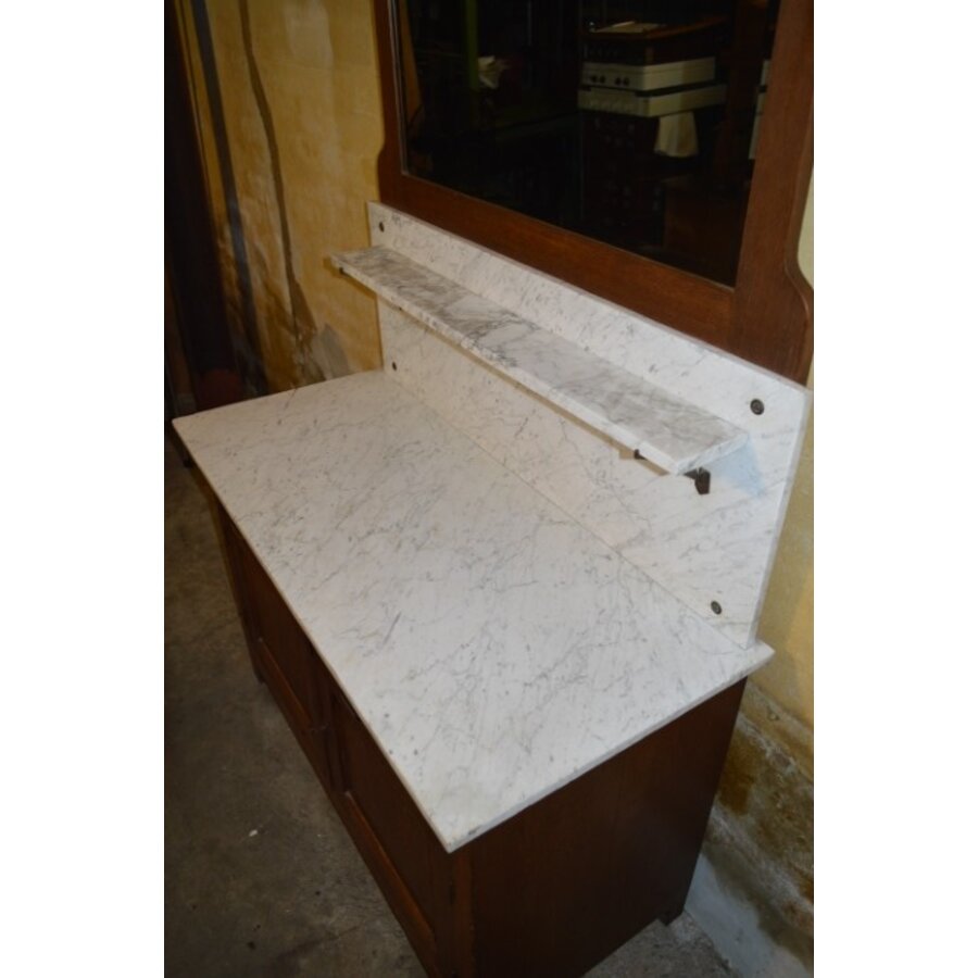 Antieke wastafel kast met marmeren blad en facet spiegel-4