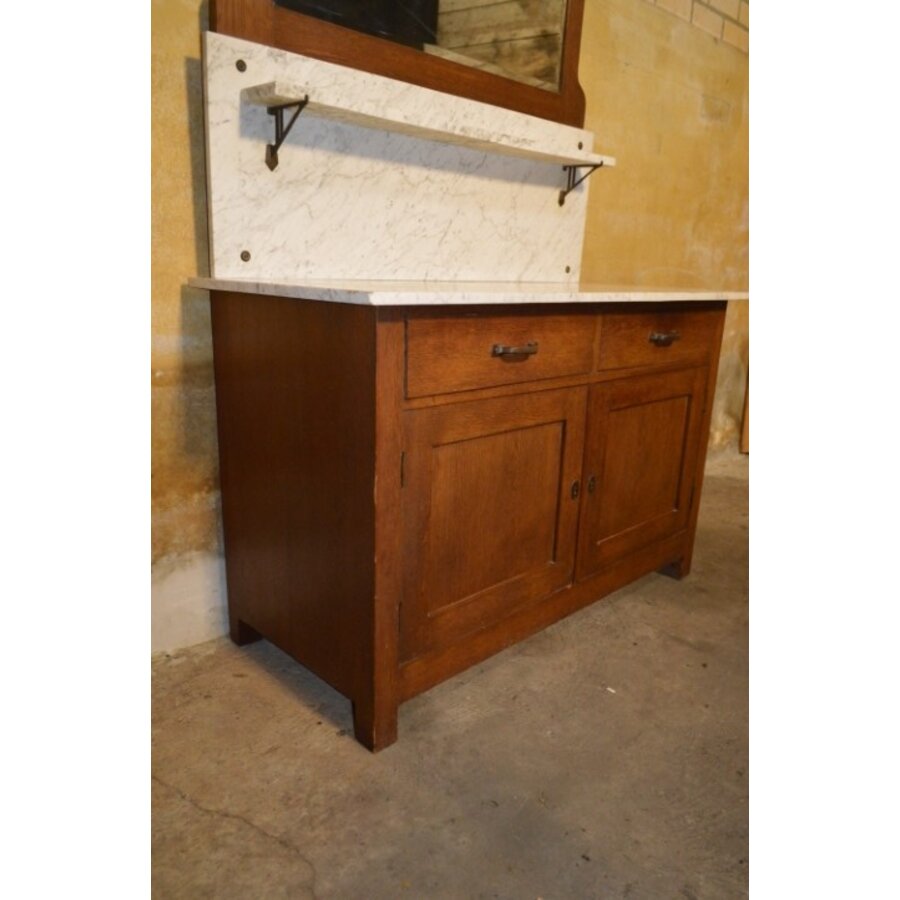 Antieke wastafel kast met marmeren blad en facet spiegel-9