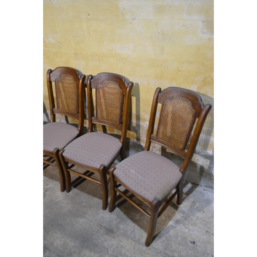 Set van 4 brocante eiken eetkamerstoelen met webbing en meerkleurige zitting-2