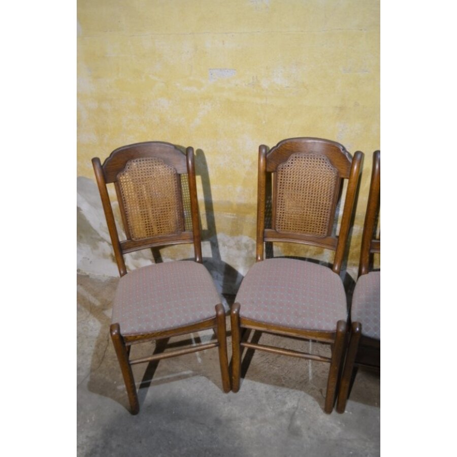 Set van 4 brocante eiken eetkamerstoelen met webbing en meerkleurige zitting-4