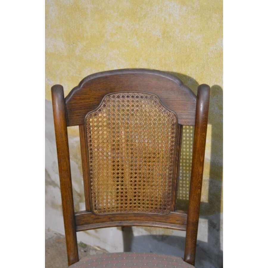 Set van 4 brocante eiken eetkamerstoelen met webbing en meerkleurige zitting-7