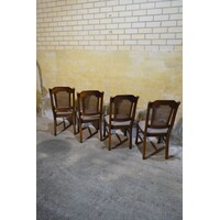 thumb-Set van 4 brocante eiken eetkamerstoelen met webbing en meerkleurige zitting-8