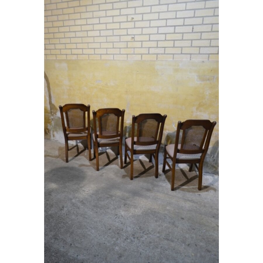 Set van 4 brocante eiken eetkamerstoelen met webbing en meerkleurige zitting-8