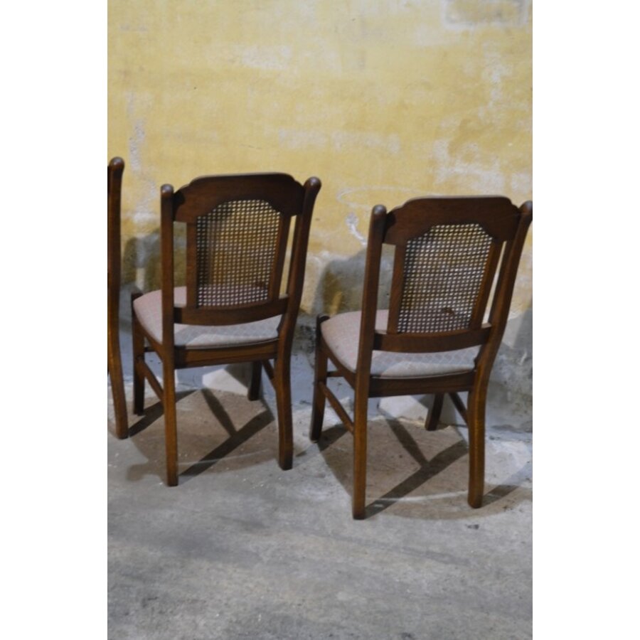 Set van 4 brocante eiken eetkamerstoelen met webbing en meerkleurige zitting-9