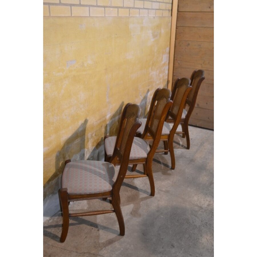 Set van 4 brocante eiken eetkamerstoelen met webbing en meerkleurige zitting-10