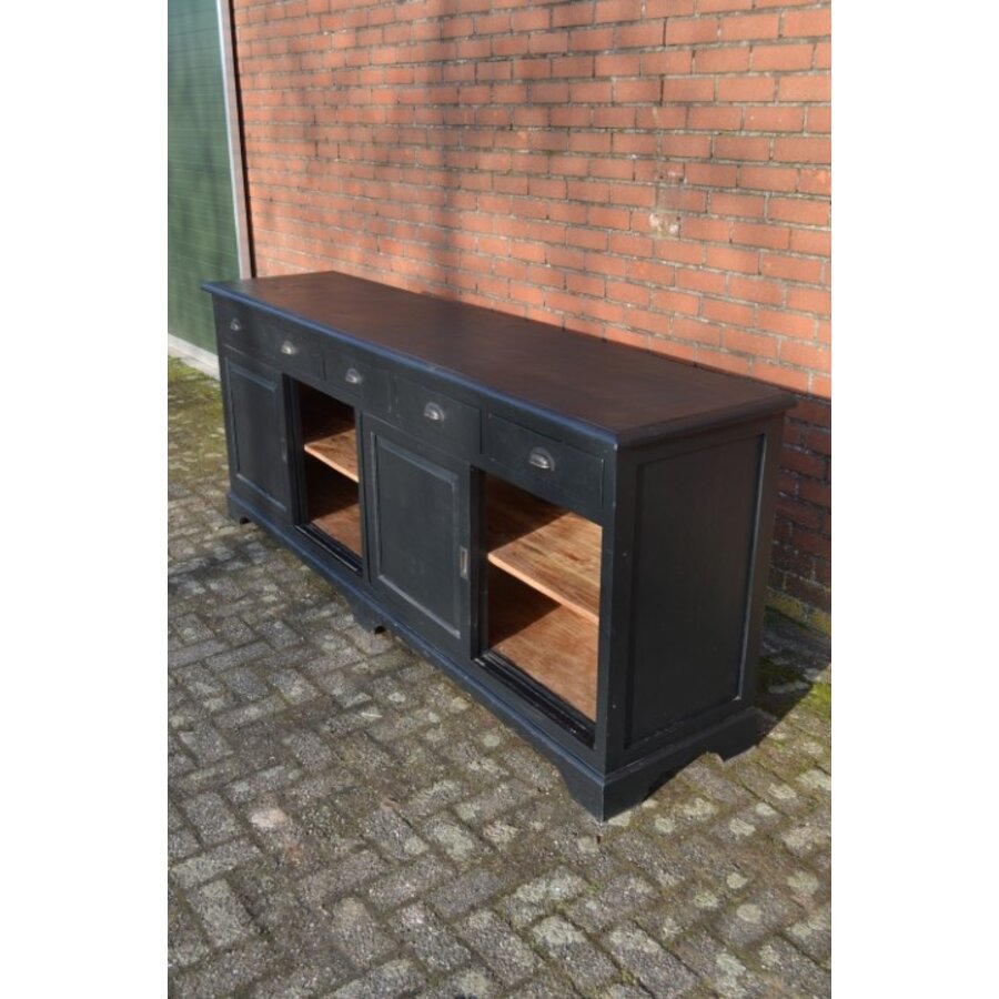 Vintage dressoir van massief teakhout zwart geschilderd met schuifdeuren-6