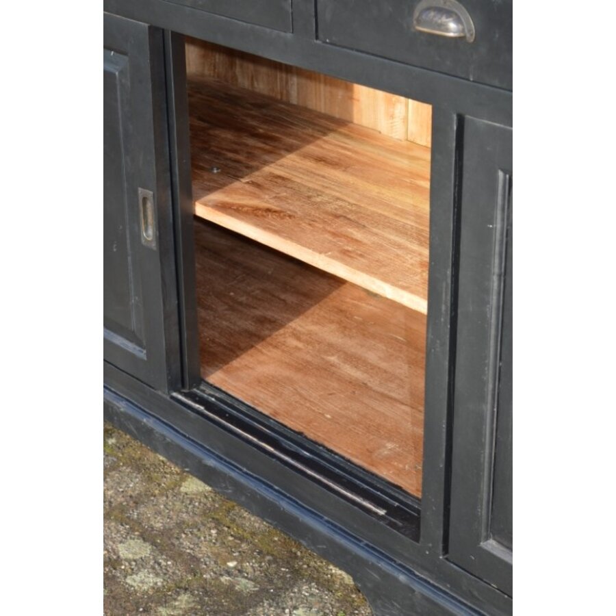 Vintage dressoir van massief teakhout zwart geschilderd met schuifdeuren-7