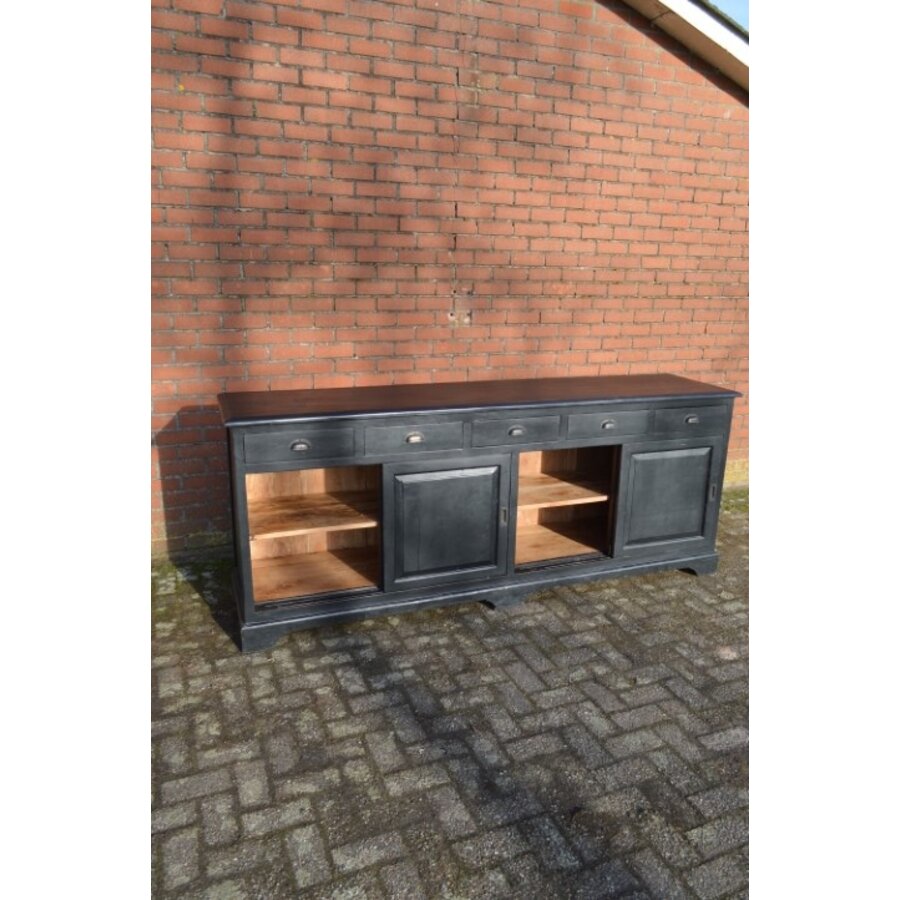 Vintage dressoir van massief teakhout zwart geschilderd met schuifdeuren-9