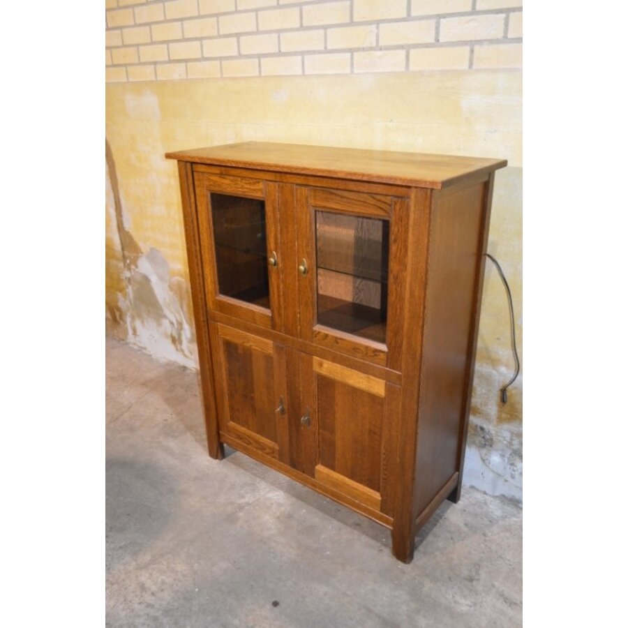 Donker eiken highboard met vitrine en onderkast – Jaren 30 art deco-2
