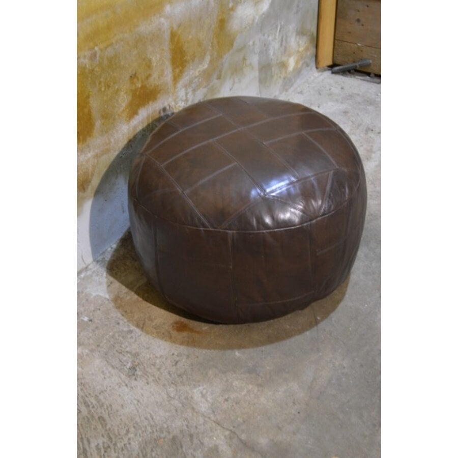 Grote zware leren poef uit de jaren 70-1