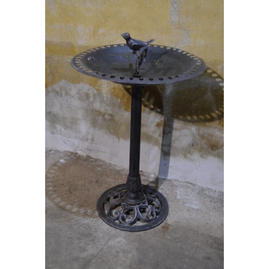 Zwart metalen vogelschaal met metalen vogeltje-2