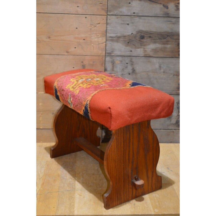 Vintage eiken krukje met Kelim zitting – jaren 50-3