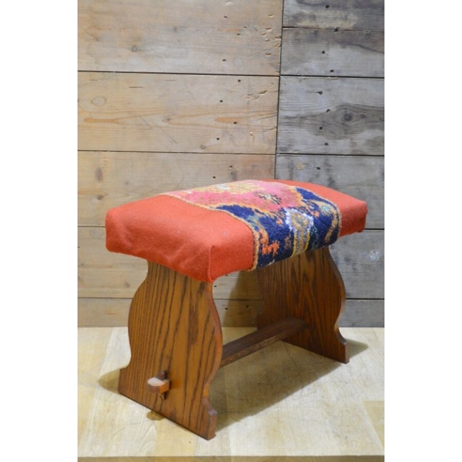 Vintage eiken krukje met Kelim zitting – jaren 50-4