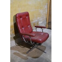 thumb-Vintage Deense draaifauteuil met buisframe en bordeaurood leer, circa 1960-1