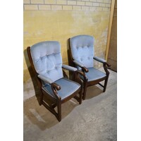 thumb-Eiken armstoelen met blauwe stofVintage eiken armstoelen – Blauwe kussens-1