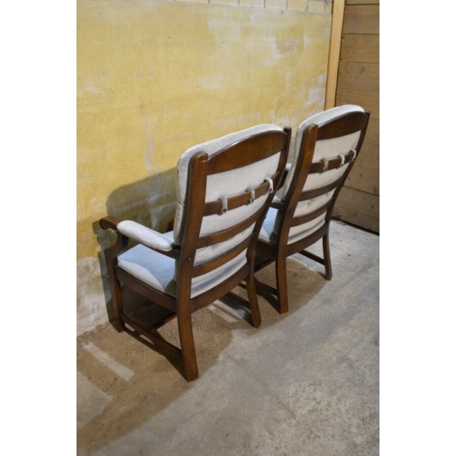 Eiken armstoelen met blauwe stofVintage eiken armstoelen – Blauwe kussens-8