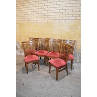 thumb-Set van 6 eiken vintage spijlenstoelen met rode stoffen zitting uit 1960-3