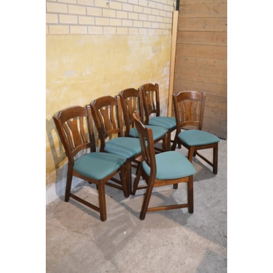 Set van 6 eiken eetkamerstoelen met groene stof jaren 80-1