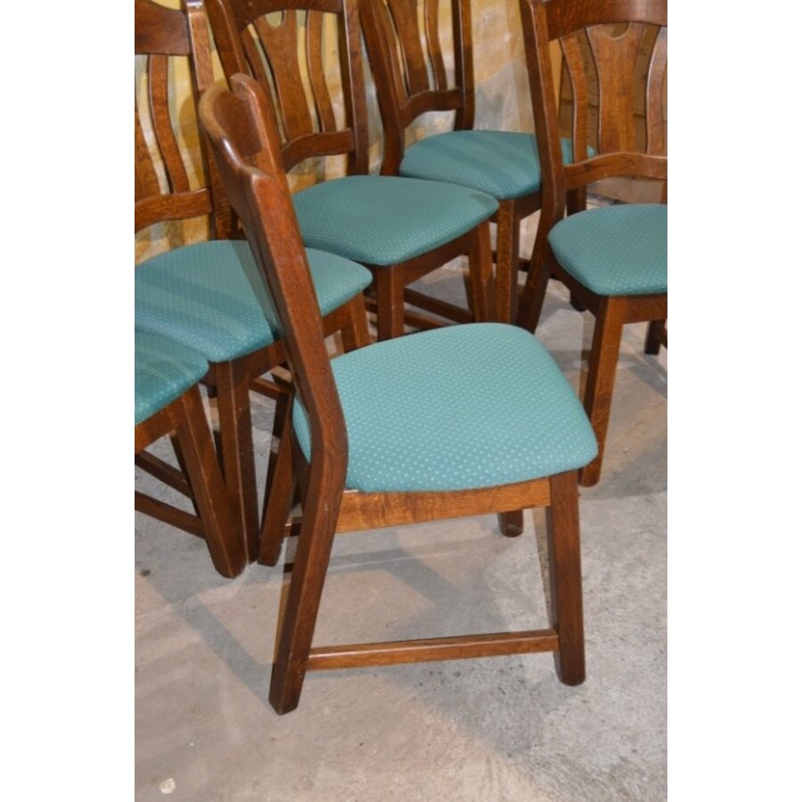 Set van 6 eiken eetkamerstoelen met groene stof jaren 80-2