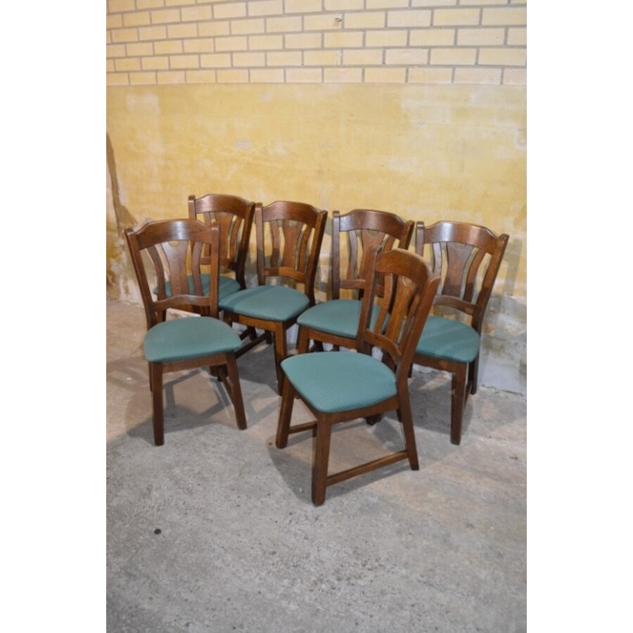 Set van 6 eiken eetkamerstoelen met groene stof jaren 80-3