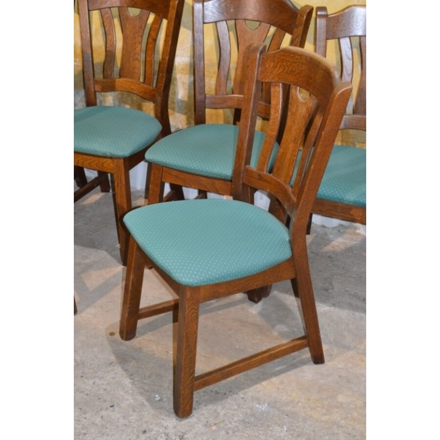 Set van 6 eiken eetkamerstoelen met groene stof jaren 80-4