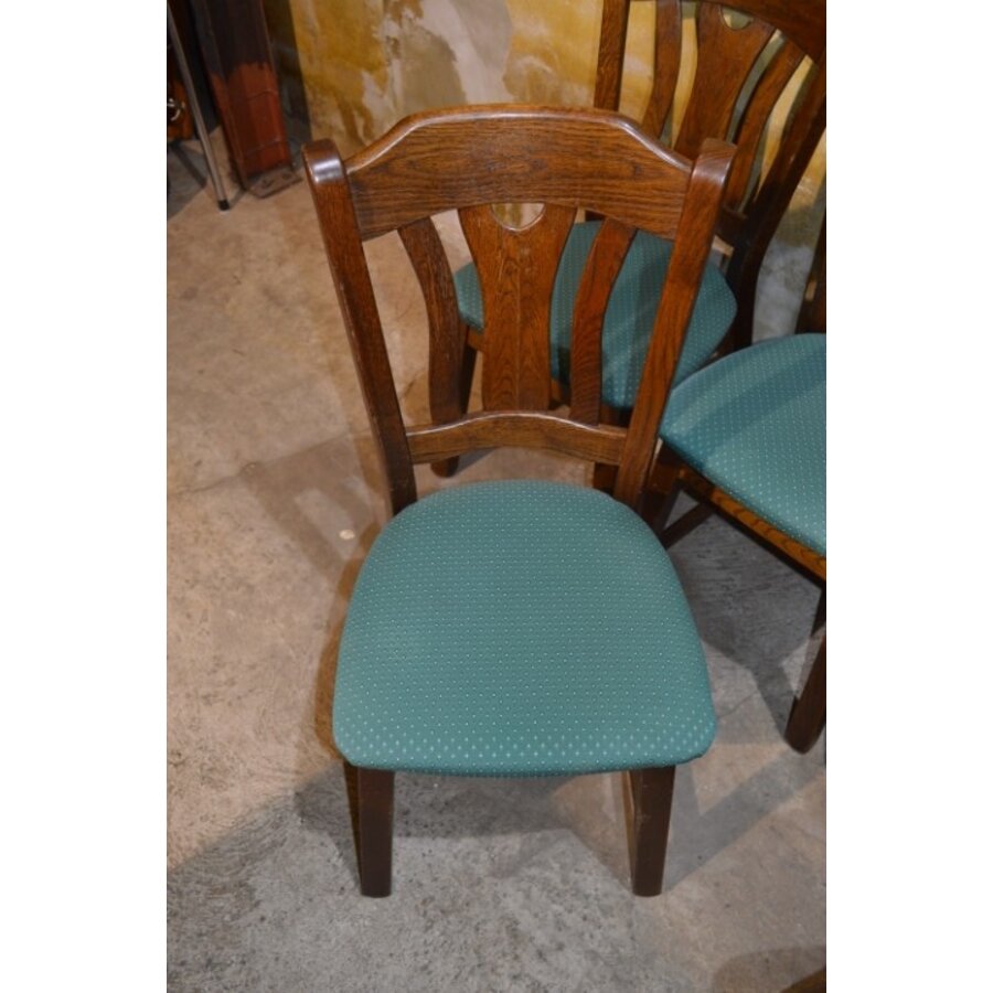 Set van 6 eiken eetkamerstoelen met groene stof jaren 80-5