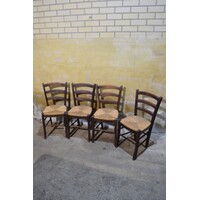 thumb-Set van 4 landelijke donker houten keukenstoelen met biezen zitting-3