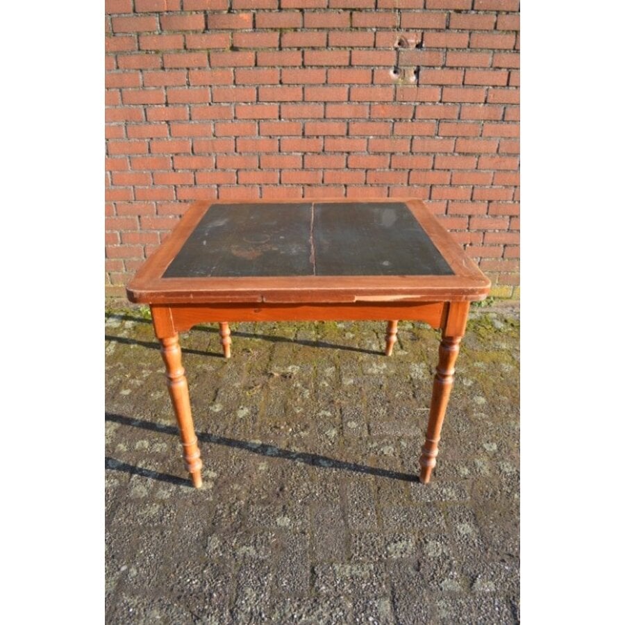 Antieke uitschuifbare eettafel met leren blad en mahoniehout-2