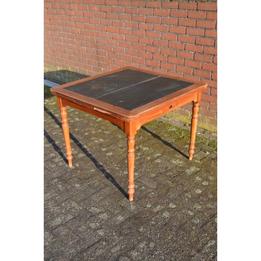 Antieke uitschuifbare eettafel met leren blad en mahoniehout-6