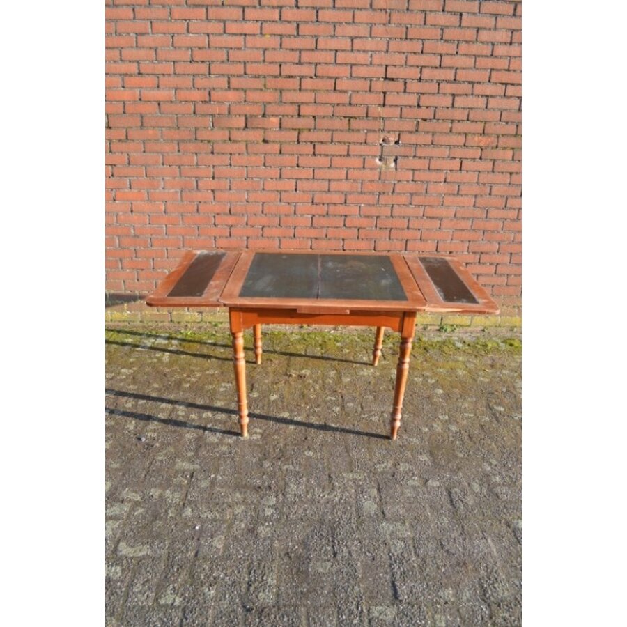 Antieke uitschuifbare eettafel met leren blad en mahoniehout-8