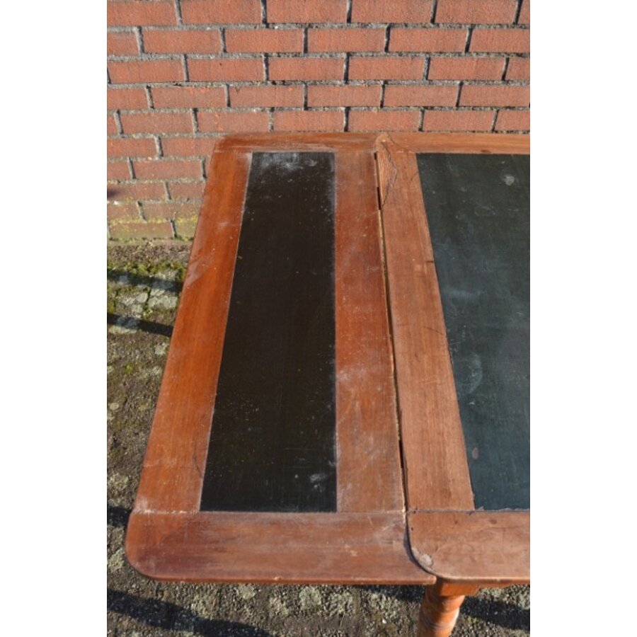 Antieke uitschuifbare eettafel met leren blad en mahoniehout-9