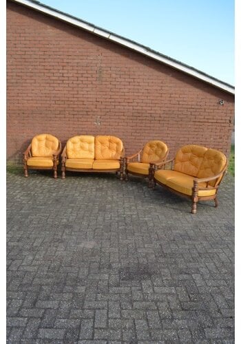 Eiken bankstel met leren kussens 