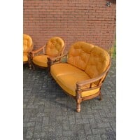 thumb-Eiken bankstel met goudgele leren kussens – 2 banken en 2 fauteuils-3