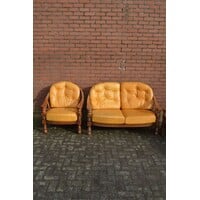 thumb-Eiken bankstel met goudgele leren kussens – 2 banken en 2 fauteuils-4