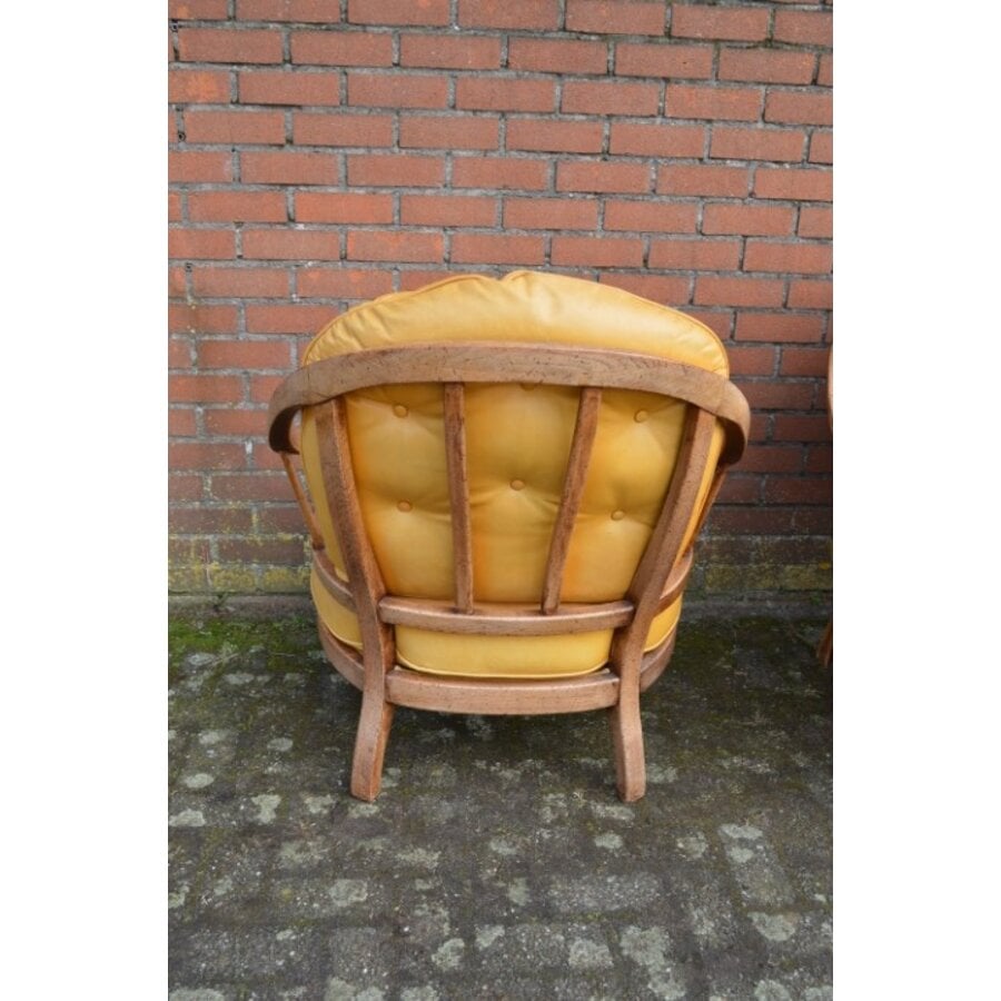 Eiken bankstel met goudgele leren kussens – 2 banken en 2 fauteuils-7