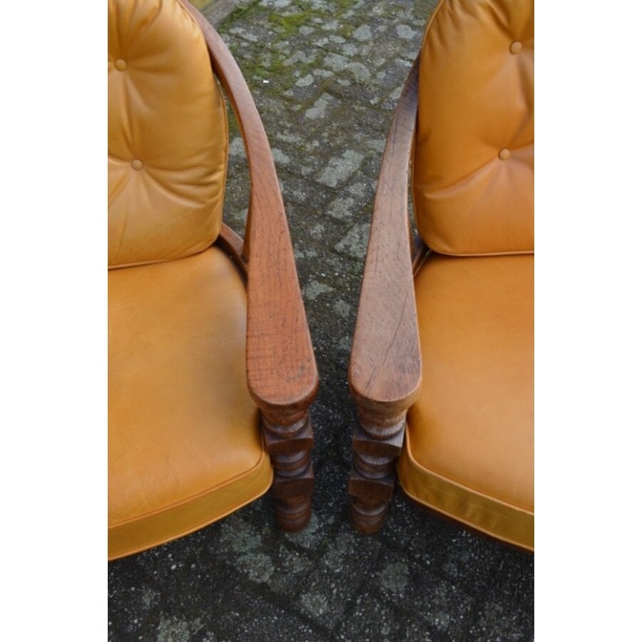Eiken bankstel met goudgele leren kussens – 2 banken en 2 fauteuils-9