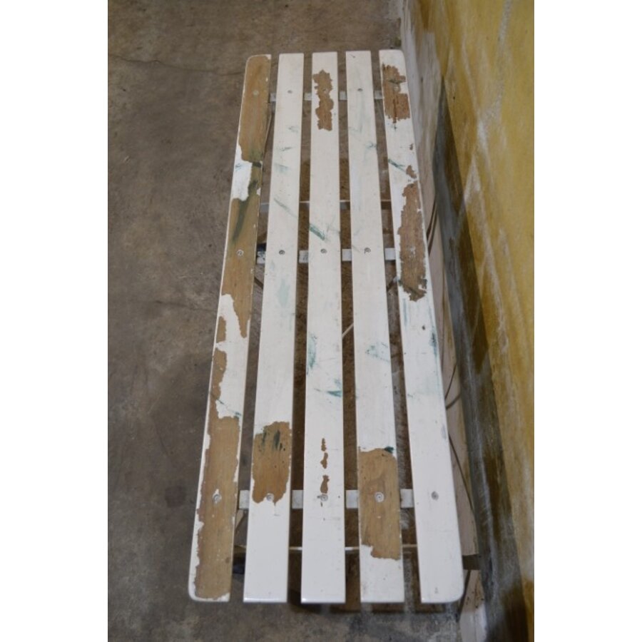 Vintage metalen bankje – hardhouten latten tuinbank-7