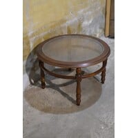 thumb-Ronde salontafel van notenhout met glazen blad en rotan webbing-1