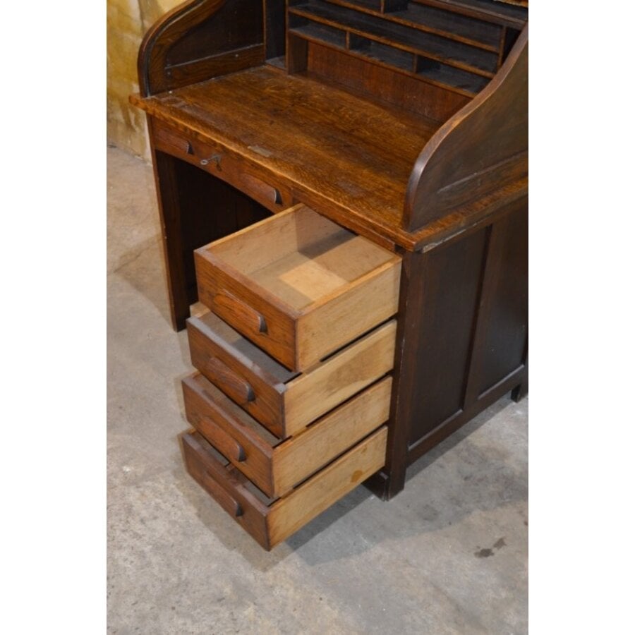 Antiek eiken bureautje met rolklep en secretaire indeling-4