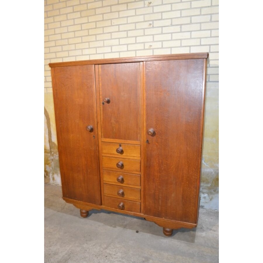 Eiken kledingkast met laden en schappen Amsterdamse School-1