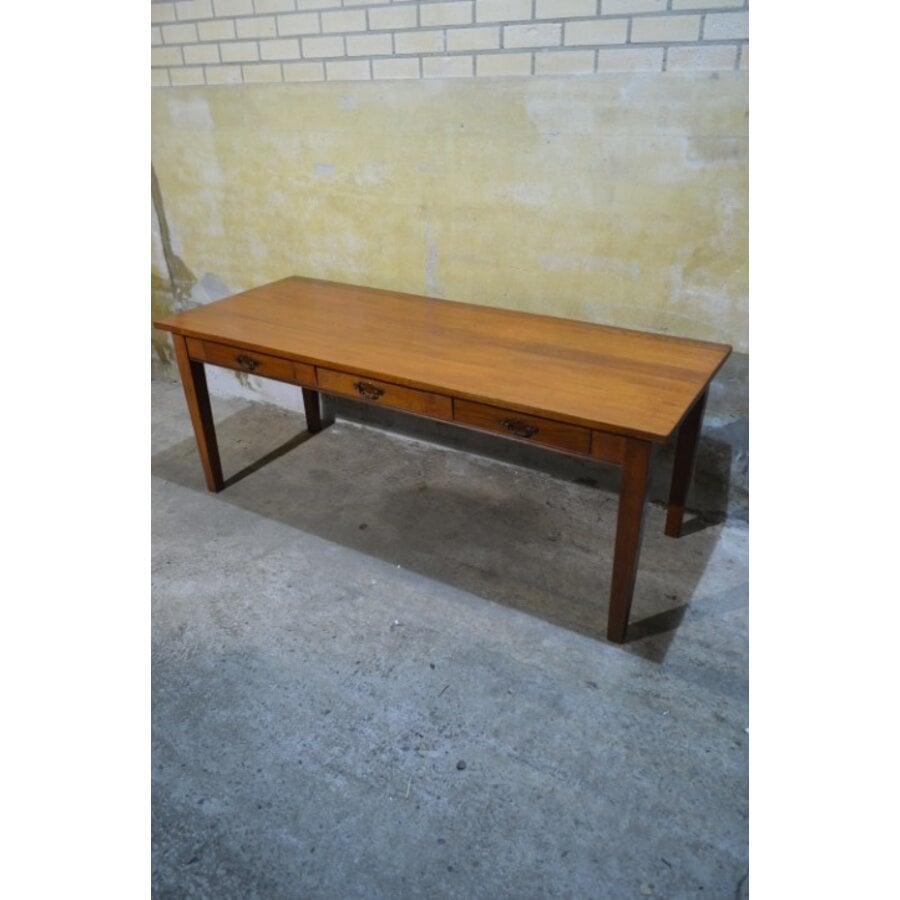 Massief eiken eettafel met 3 laden en metalen handgrepen-7